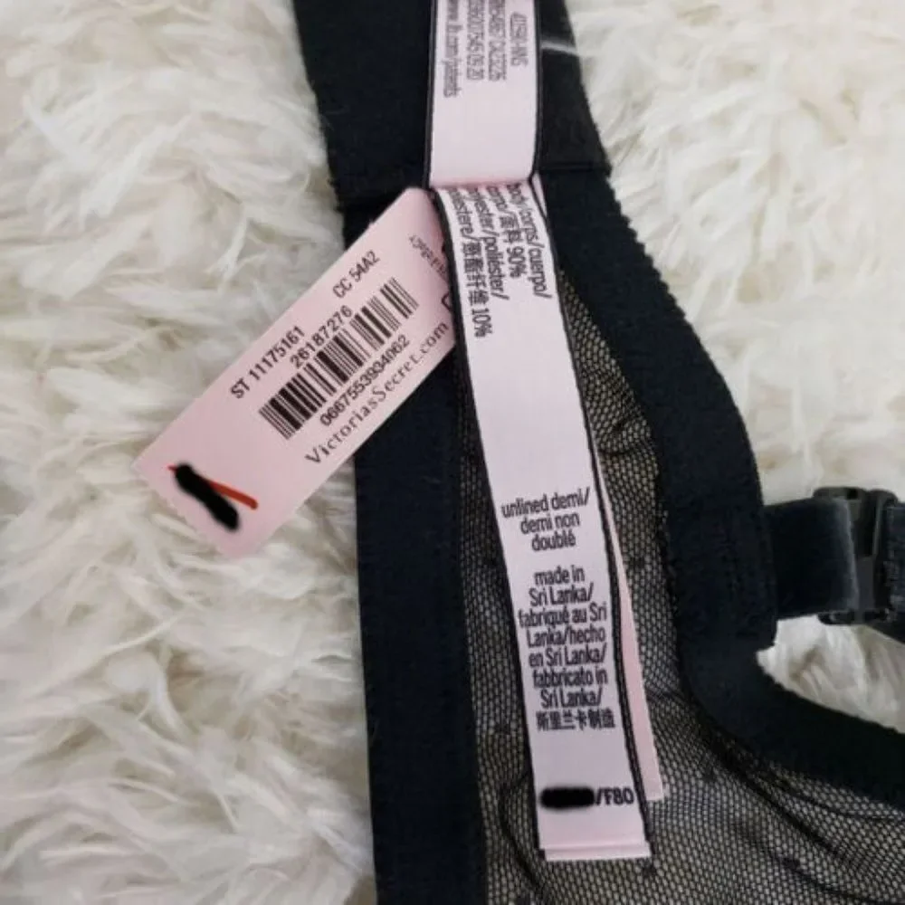 Victoria's Secret 34 DDD Black Velvet Lace Unlined Demi Sexy Bra